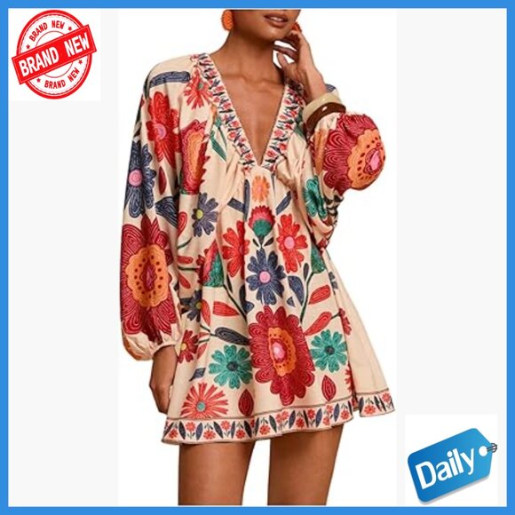 Dresses & Skirts - Boho Floral V-Neck Mini Dress Long Sleeve Tie Back Casual Summer